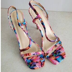 Fun Strappy Heeled‎ Sandals Colorful Abstract Print Square Toe Stiletto 8.5